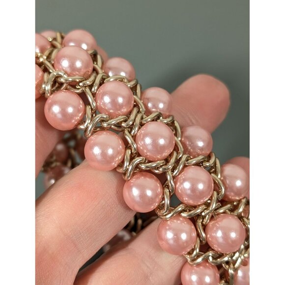 Pink Faux Pearl Woven Chain Bracelet Retro Evening Elegant 7" - Picture 5 of 7